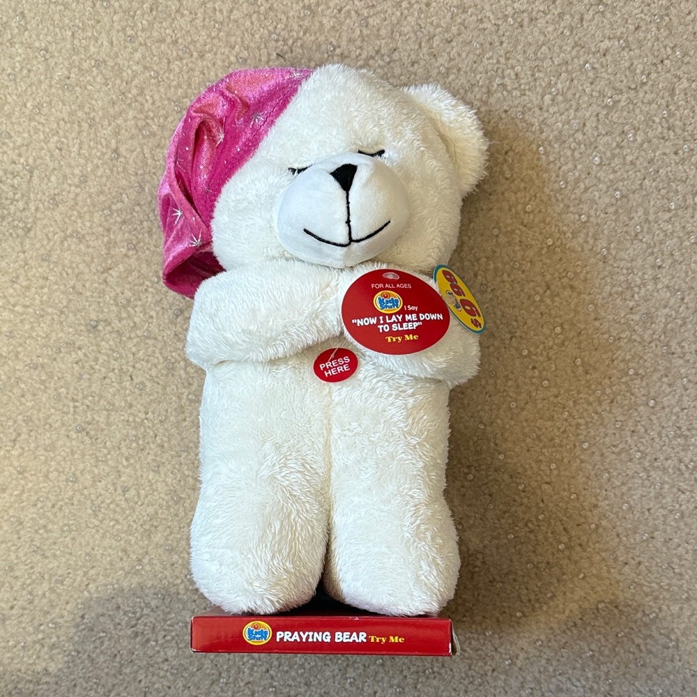White and Pink Praying Bear Toy